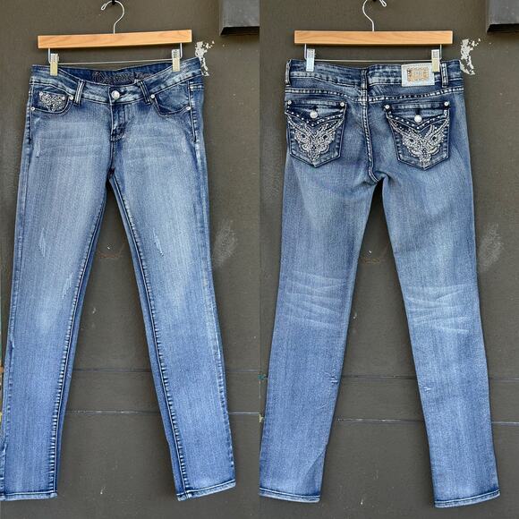 Montana Jeans Denim - Vintage Y2K Montana Jeans Women's 9/10 Bedazzled Pockets Low-Rise Skinny Denim